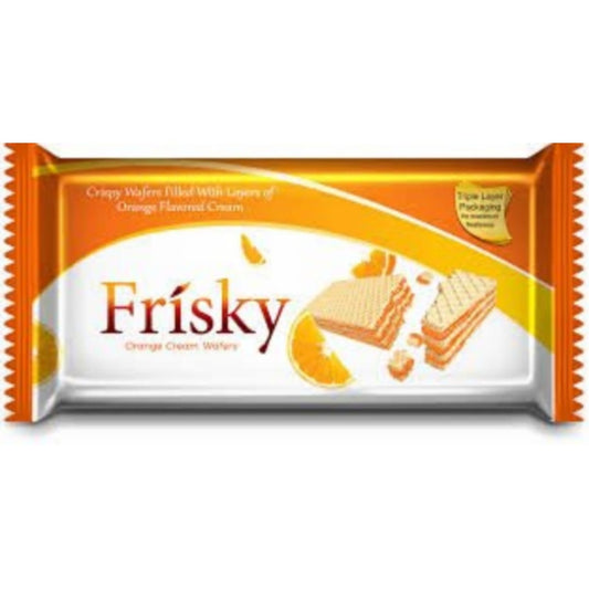 Packaging of Frisky orange Cream Wafers showing the product name and images of the wafers with orange cream filling.