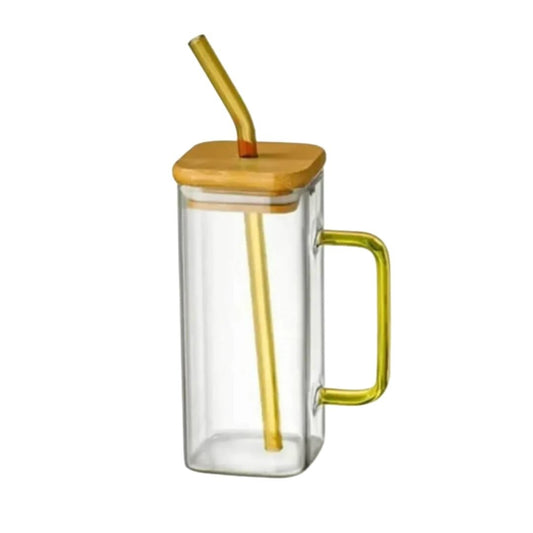 Square Glass Cup with Colored Handle Straw 400 ml - Lahore Basket